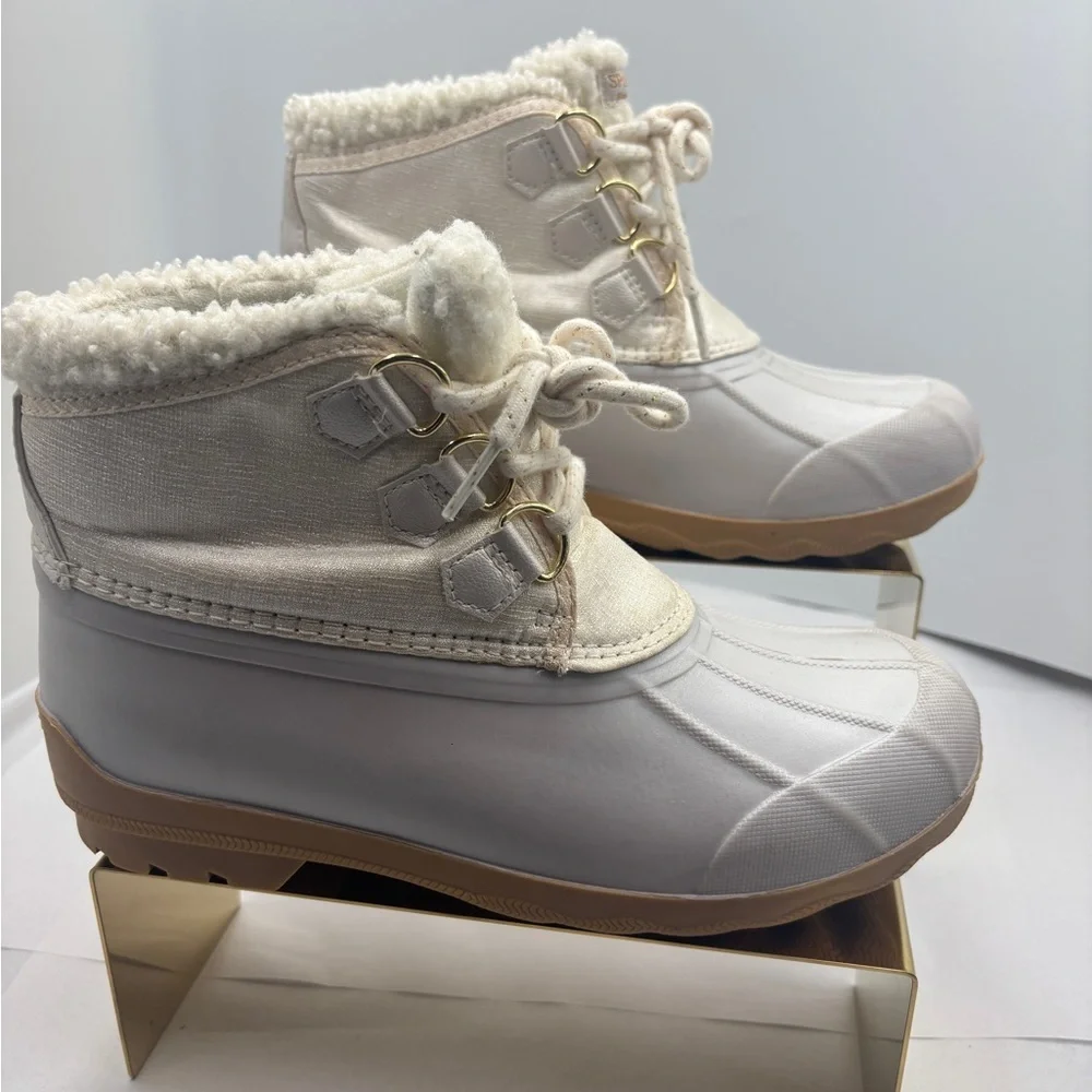 Sperry Port Alpine Cream Boots rain faux fur shimmer Girls 5